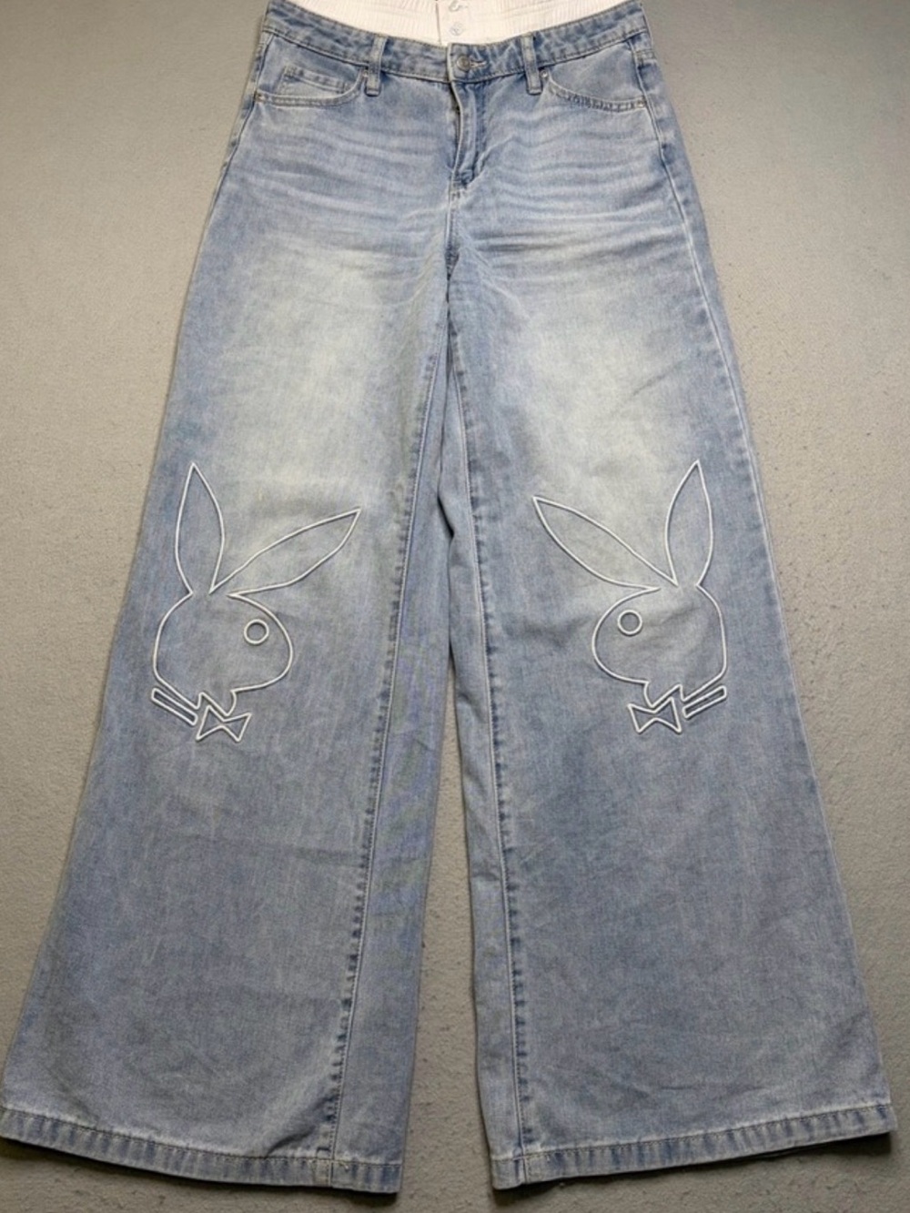 PLAYBOY Light Wash Wide Leg Jeans with Bunny Outline